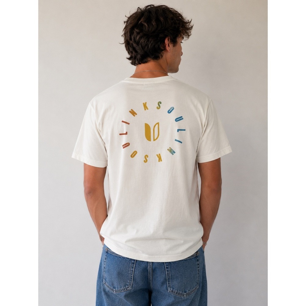 Linksoul Pocket T-Shirt Graphic Logo Cream Size Small Short Sleeve Tee